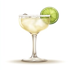 A cocktail glass filled with a margarita, garnished with a lime slice and salt rim.