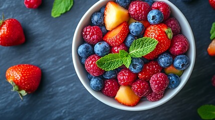 Fresh Fruit Salad with Raspberries, Blueberries, Strawberries, and Cantaloupe. Healthy and Delicious Dessert.