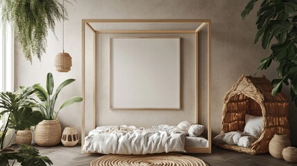 Bohemian Bedroom Interior Design Mockup: Tranquil & Cozy Space with Natural Elements