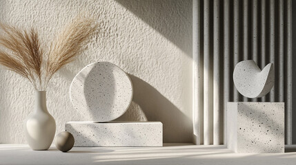Elegant interior display featuring minimalist decor with neutral tones and textures
