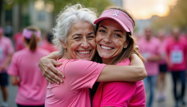 Senior Hispanic woman, young adult granddaughter embrace during breast cancer awareness race. Wear pink athletic attire. Participants seen in background. Family support, health awareness highlighted - Powered by Adobe