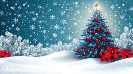 Obraz premium Festive christmas celebration with snowy tree and poinsettias winter wonderland digital art bright colors