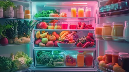 Open refrigerator filled with fresh fruits, vegetables, and juices, illuminated with vibrant pink and blue lighting.