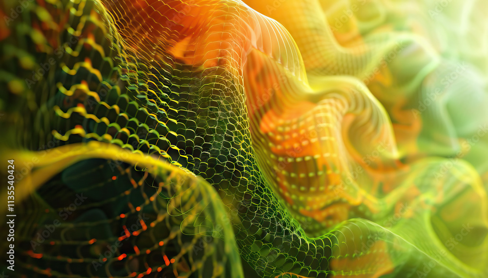 Poster abstract green and orange translucent forms with grid pattern