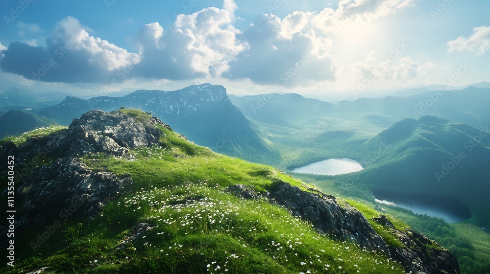 Poster majestic mountain range overlooking clear lakes with lush greenery : generative ai