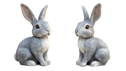 Obraz premium Pair of Adorable Gray Rabbits Sitting Side by Side, 3D Rendered