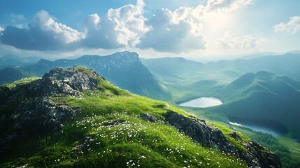 Fototapeta premium Majestic Mountain Range Overlooking Clear Lakes with Lush Greenery : Generative AI