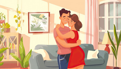 Couple Embracing in Living Room Interior