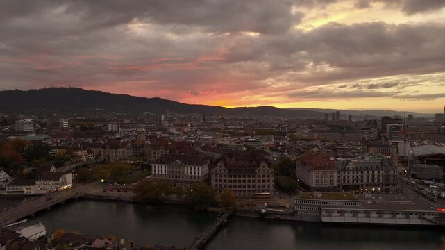 sunset sky zurich city center riverside aerial panorama 4k switzerland   