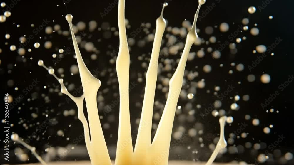 Poster liquid splashes high in the air from a central point creating unique shapes against a dark backgroun