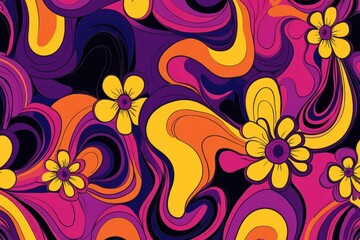 Fototapeta premium Psychedelic floral pattern with swirling colors and yellow flowers on a dark background.