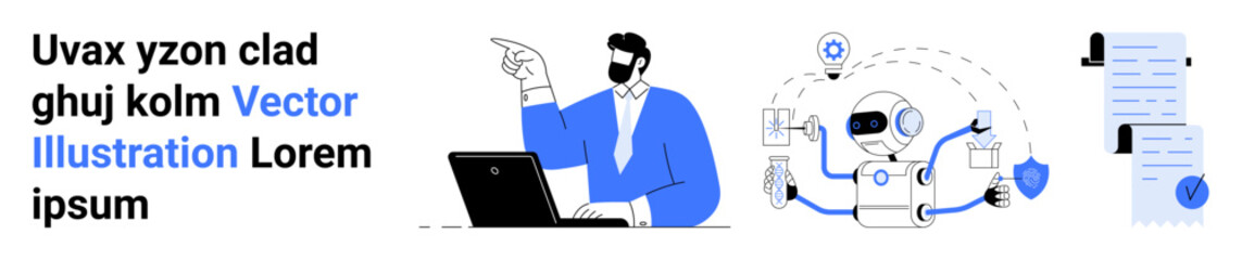 Man wearing a mask working on a laptop, robot handling various tools including a wrench and shield, and official legal documents. Ideal for technology, robotics, digital security, remote work