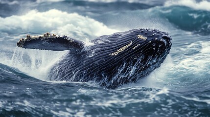 Fototapeta premium Humpback Whale Emerging from Ocean Waves. Majestic Marine Wildlife.