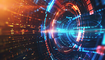 Obraz premium Abstract Digital Interface with Concentric Rings and Glowing Nodes