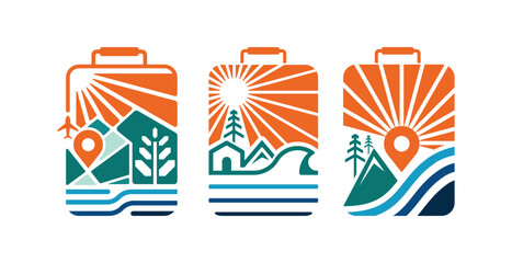 Travel logo design with travel bag, house, palm tree and sun illustration