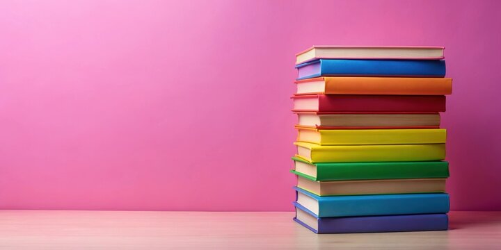 Stack of colorful books on pink background representing LGBTQ+ concept, books, stack, colorful, pink, background, LGBTQ+