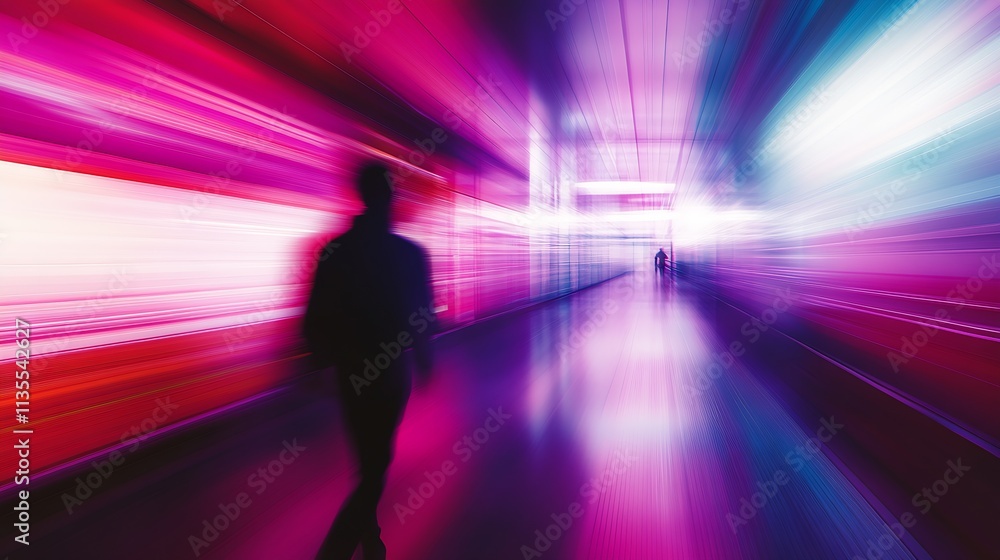 Poster dynamic silhouette in vibrant abstract neon hallway with colorful motion trails : generative ai