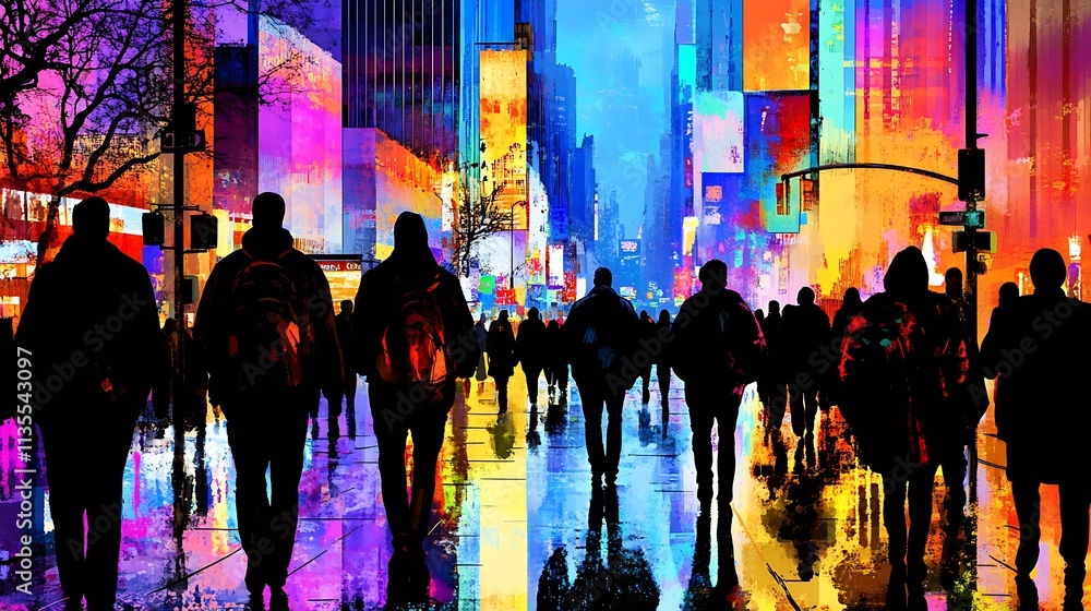 Poster vibrant urban scene with colorful reflections and crowded street : generative ai