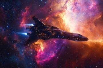 Spaceship soaring through a vibrant nebula, cosmic dust and stars surrounding it.
