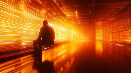 Contemplative Figure Sitting in Luminous Futuristic Corridor with Neon Light Trails : Generative AI