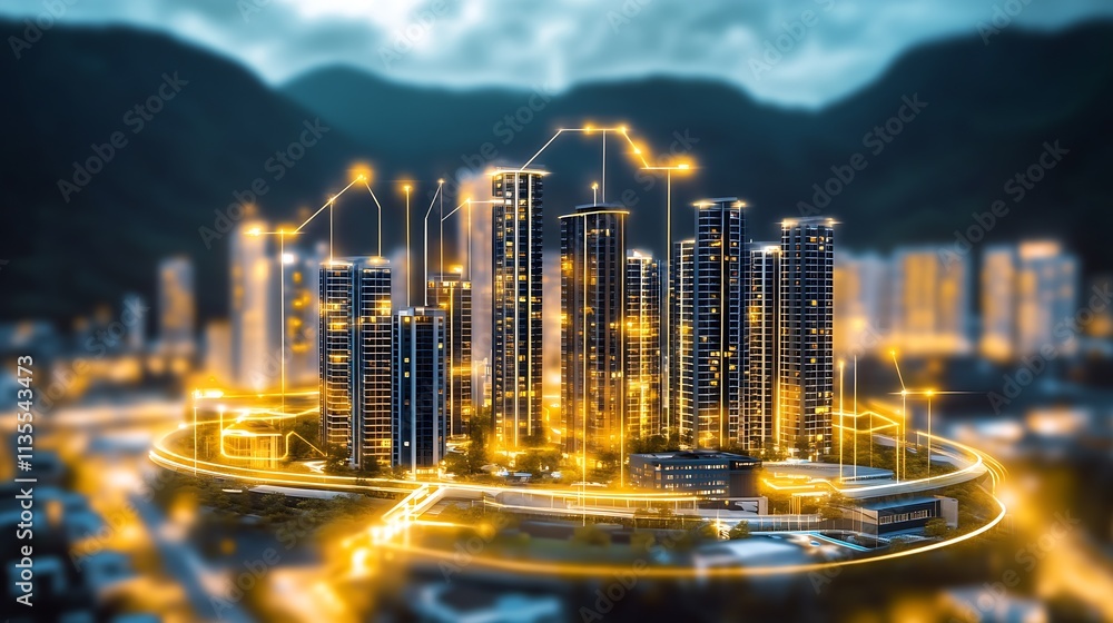 Poster High-Tech Illuminated Smart City Infrastructure with Mountain Background : Generative AI