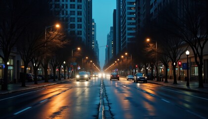 City street at night. Cars moving slowly on urban road. Illuminated street lights, buildings create warm ambiance. Empty sidewalks. Modern architecture with skyscrapers in background. Evening