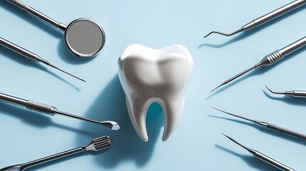 dental tools, oral hygiene, dental care, tooth model, equipment, close up shot on teal background