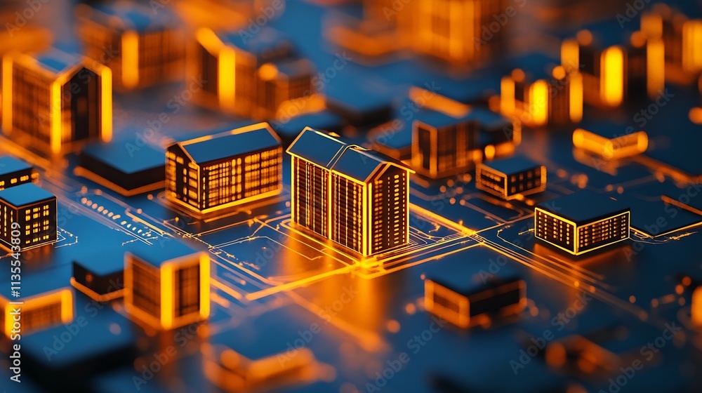 Aufkleber futuristic smart city concept with glowing buildings on circuit board : generative ai
