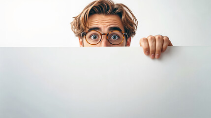 Nerdy man with a blank sign in a playful business or tech-themed setting, ideal for headers or marketing designs