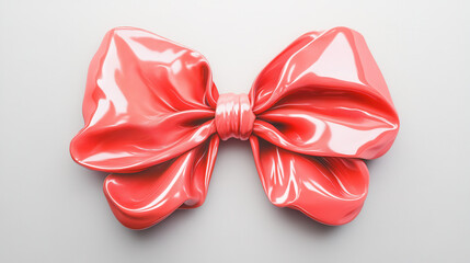A playful oversized bow in vibrant coral pink, smooth satin texture with slight shimmering highlights, centered prominently on a pure white background