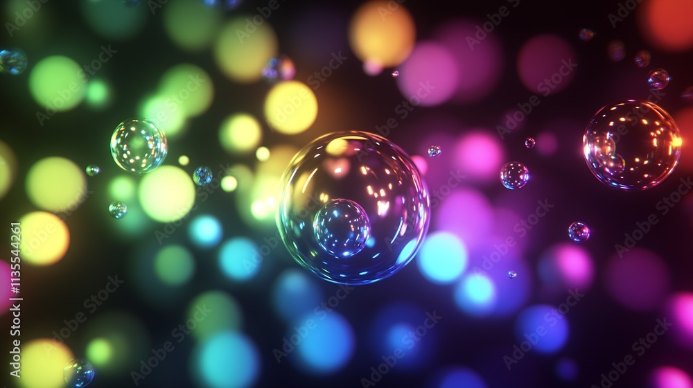 Poster dynamic bokeh with dancing bubbles in bright colors on dark background : generative ai