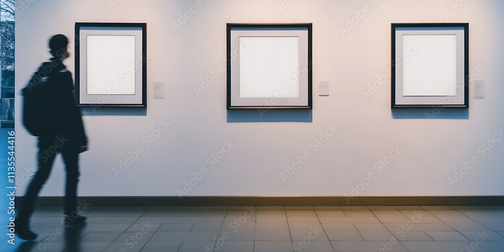 Poster Person Walking in Modern Art Gallery with Minimalist Frame Display : Generative AI