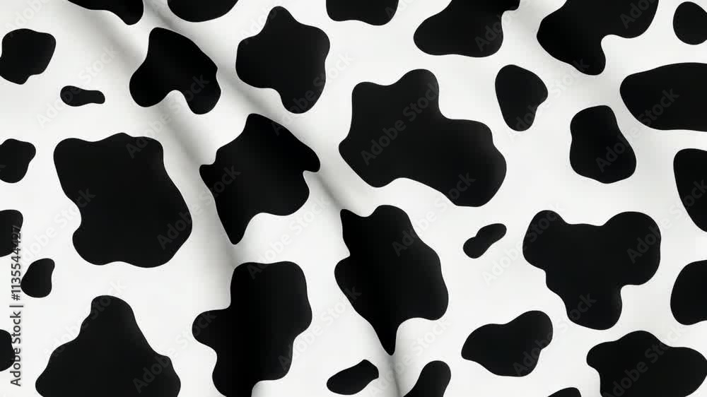 Poster black and white cow print fabric draped artistically on a surface creating a smooth texture in brigh