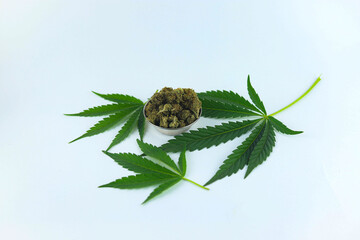 Concept edibles CBD and drinks with cannabis . Glasses with fresh hemp. close up recreation...