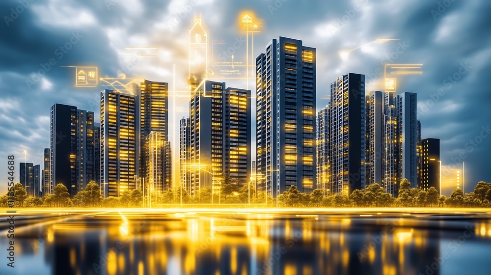 Aufkleber futuristic smart cityscape with digital technology integration at sunset : generative ai