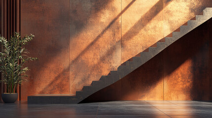 Modern interior design featuring sleek staircase and textured walls in warm tones