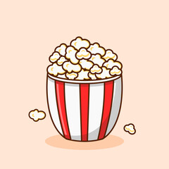 Salted popcorn in a red and white striped paper container. Vector illustration of a pack of fast food, popcorn for watching a movie or cinema designed in cartoon flat style.