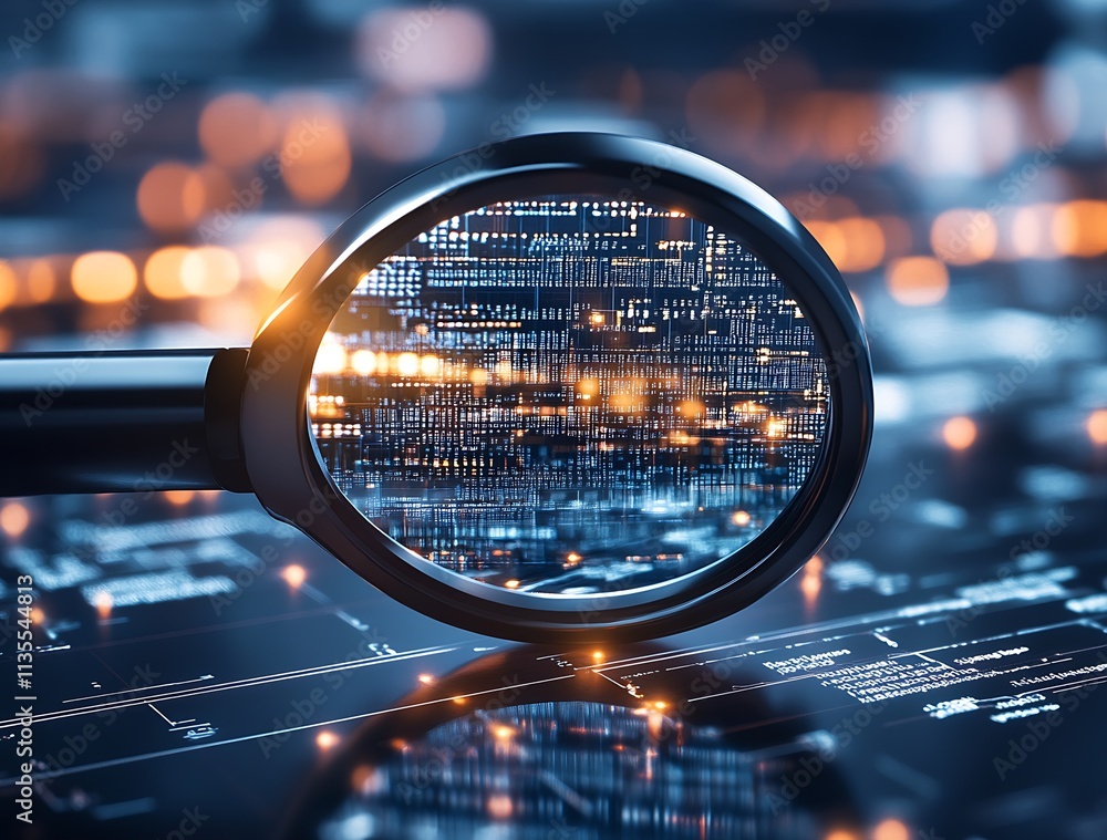 Poster Magnifying Glass Zooms in on Digital Data on Futuristic Abstract Circuit Board Background : Generative AI