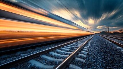 Obraz premium High speed train moving fast at sunset. Concept of speed, travel, and transportation.