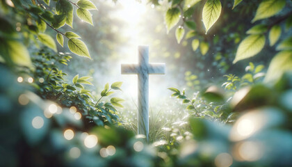 Radiant Christian cross in lush greenery with morning light for spiritual Catholic backgrounds and website banners