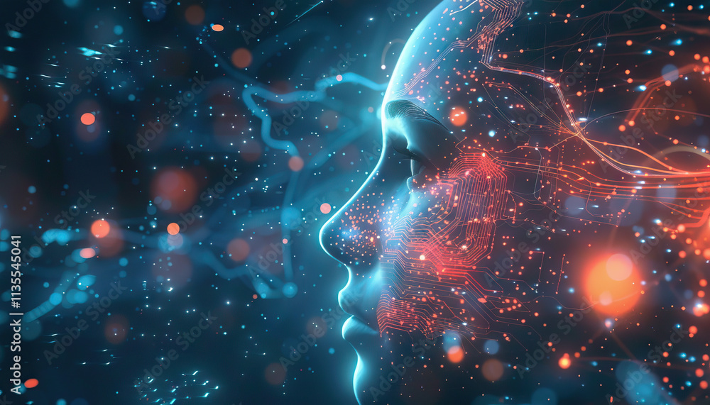 Poster digital face with circuit board overlay