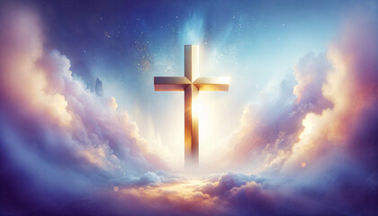 Glowing cross surrounded by heavenly light and clouds, symbolizing faith, spirituality, and divine hope for a website banner
