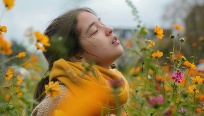 Naklejka premium Girl in Cosmos Flower Field