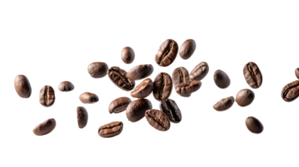 Coffee Beans in Motion: Roasted coffee beans levitate against a clean background, capturing the essence of energy and rich aroma. Perfect for coffee shop menus, packaging.