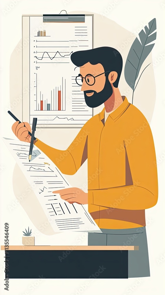 Poster man reviewing documents and charts in office setting