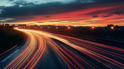 Obraz premium Highway at Sunset with Light Trails. Concept of Speed, Travel, and Urban Landscape.