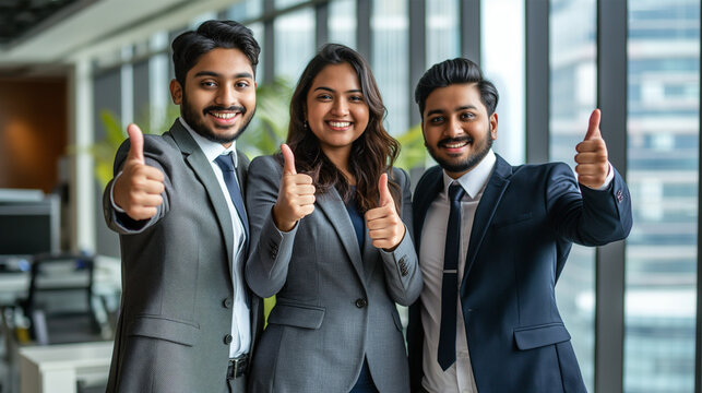 Photo of a successful Indian business team giving a thumbs up, celebrating their success.