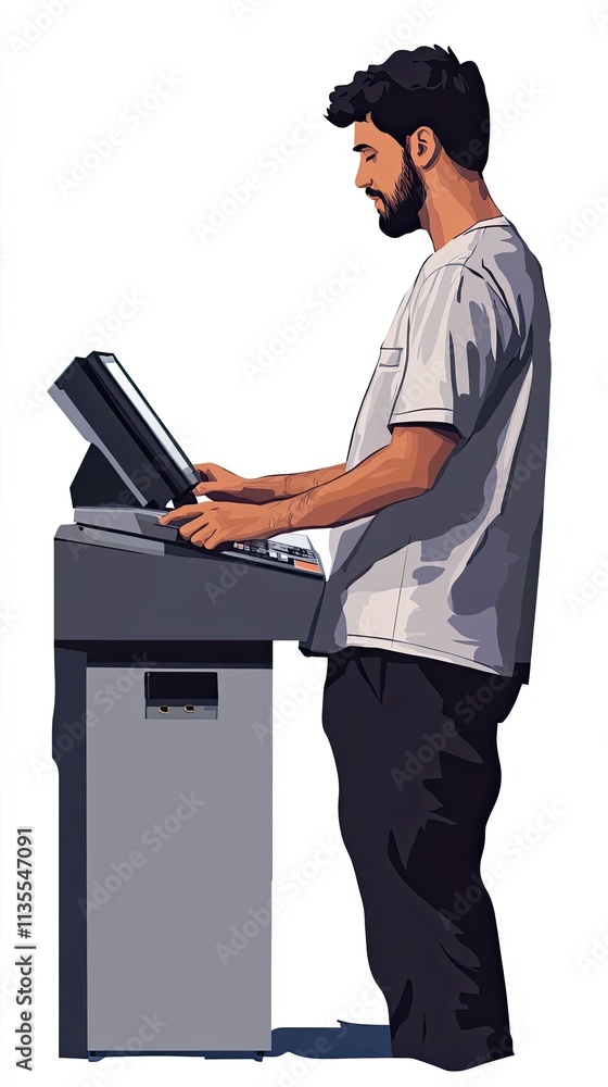 Poster man operating a large office machine