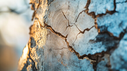 Detailed close-up of a cracked tree trunk revealing natural textures and colors