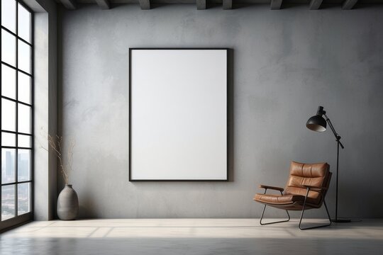 Blank wall mockup in loft interior background, industrial style, blank poster frame